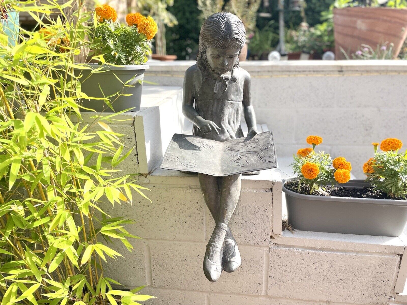Bronzed Garden Statue of a Young Girl, Sitting Reading a Book