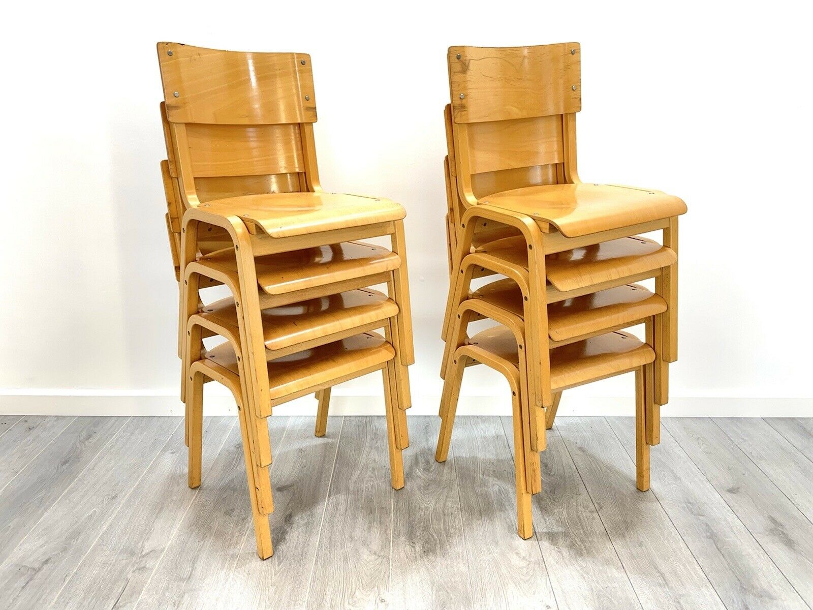 Vintage Plywood Stacking Adult Size School Chairs - 8 Available