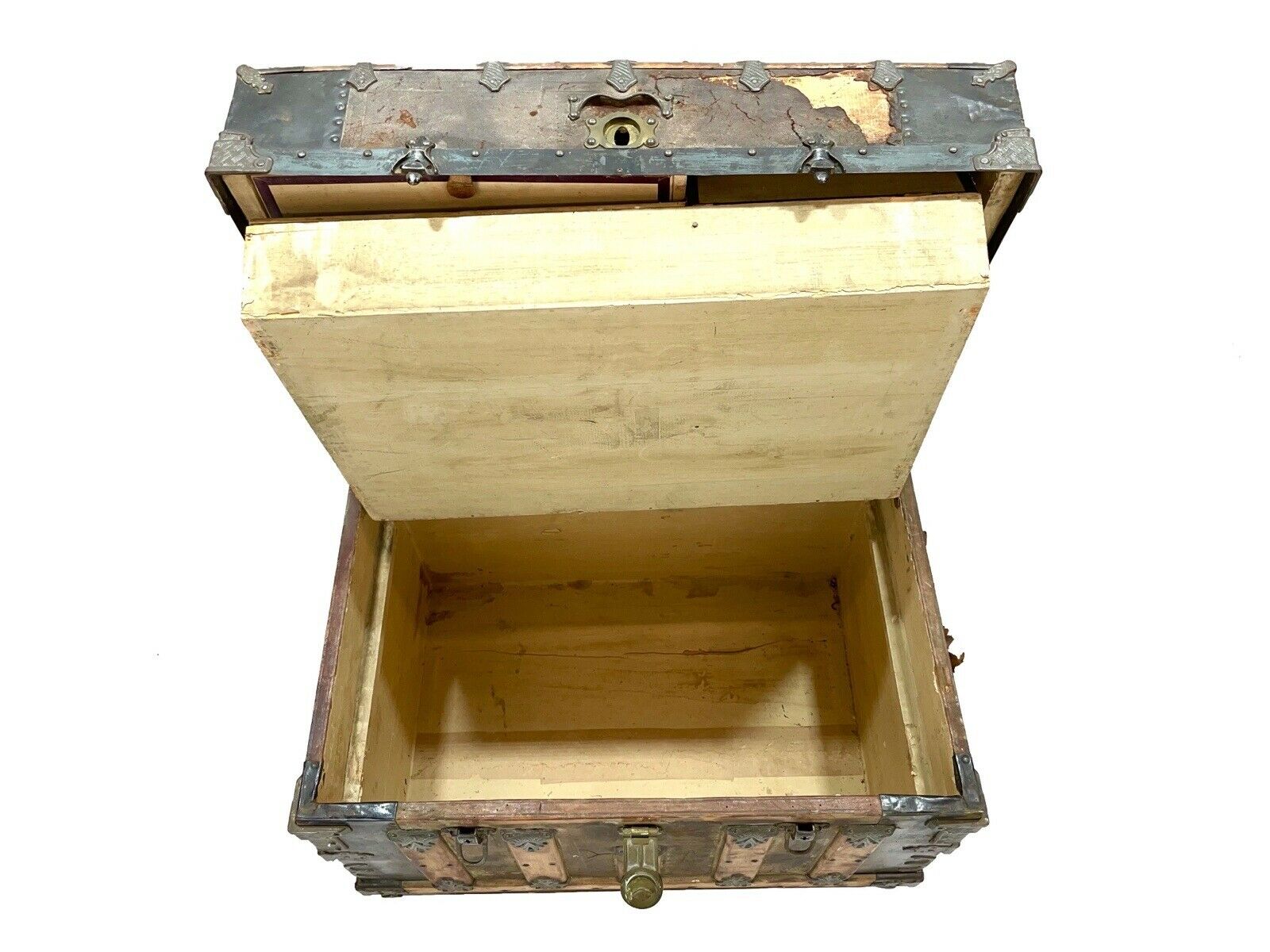 A 19th Century, Dome Topped, Iron Bound Steamer Trunk / Chest With Original Interior