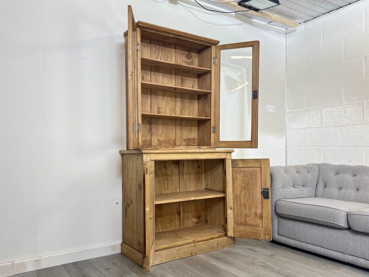 Waxed Pine, Glazed Display Cabinet and Cupboard