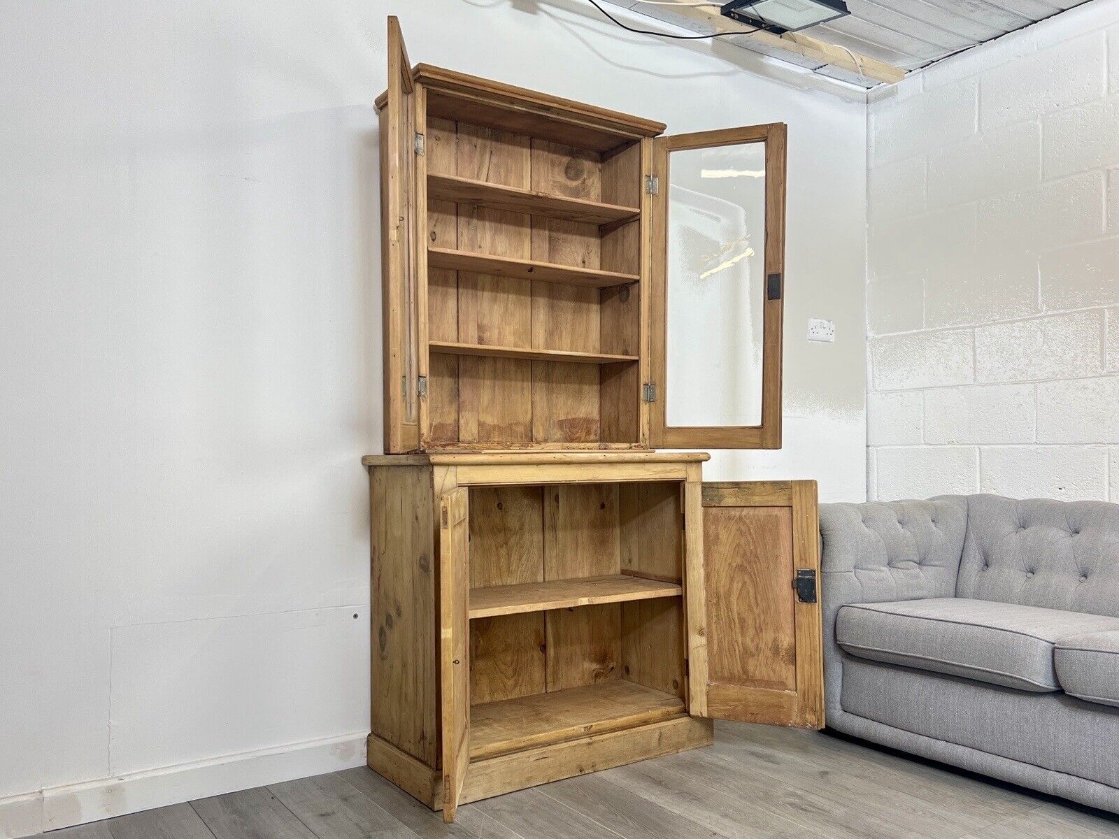 Waxed Pine, Glazed Display Cabinet and Cupboard