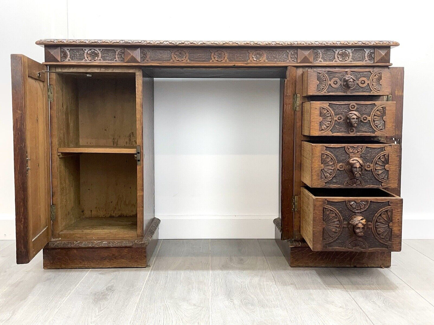 19th Century, Carved Flemish Style Double Pedestal Writing Desk