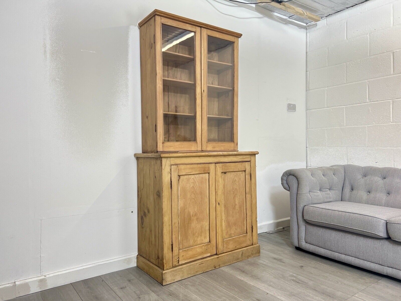 Waxed Pine, Glazed Display Cabinet and Cupboard