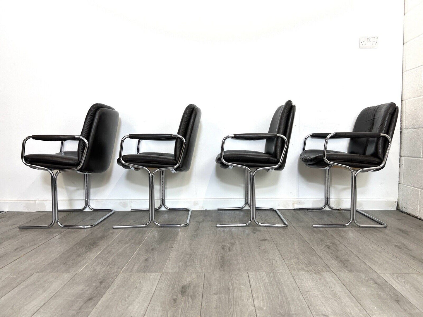 Pieff Eleganza, Set of 4 Chrome and Brown Leather Dining Chairs