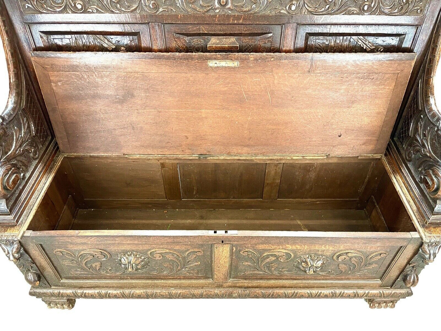 A Carved, 19th Century, Flemish Style, Oak Bench / Settle