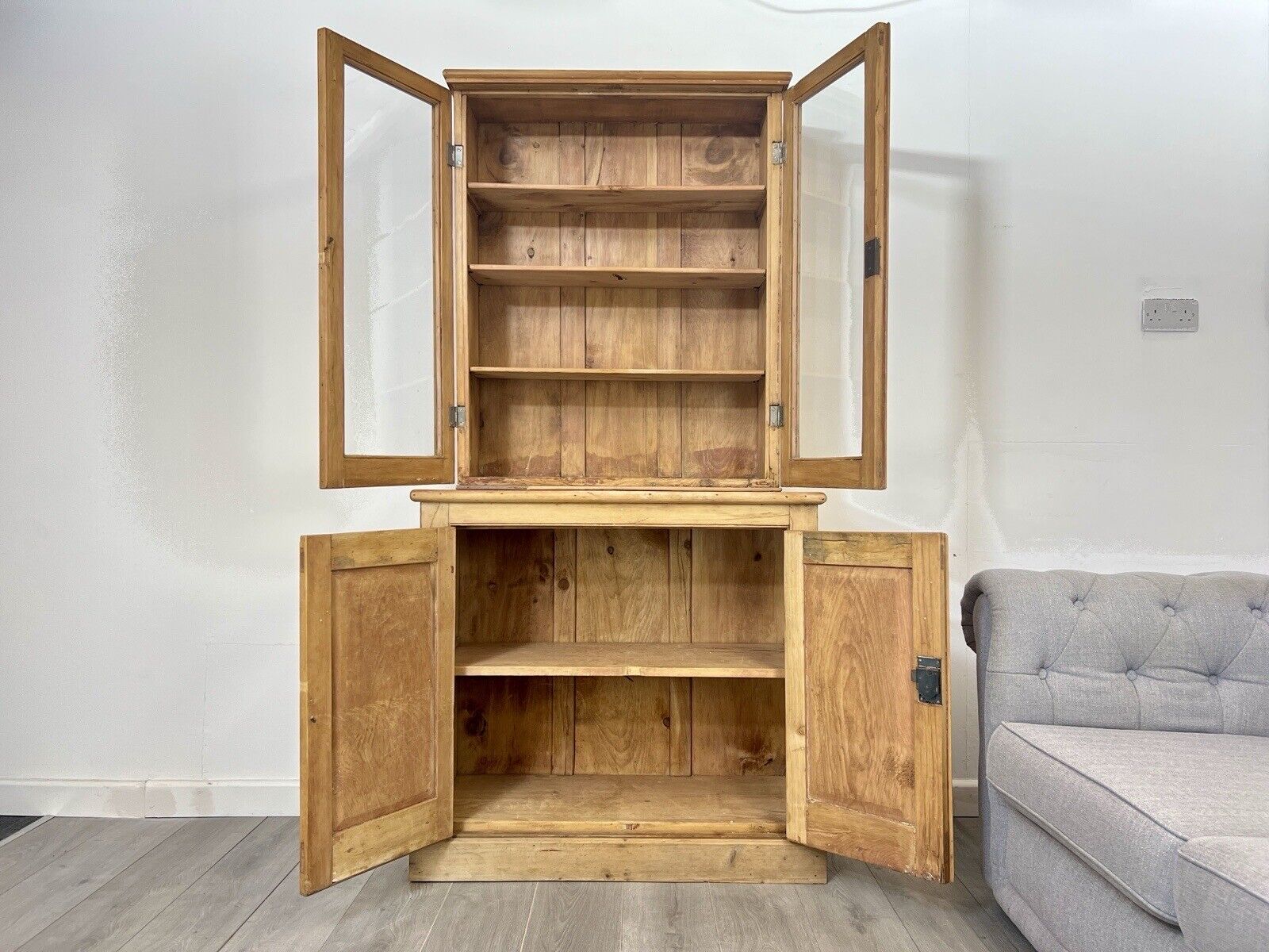 Waxed Pine, Glazed Display Cabinet and Cupboard