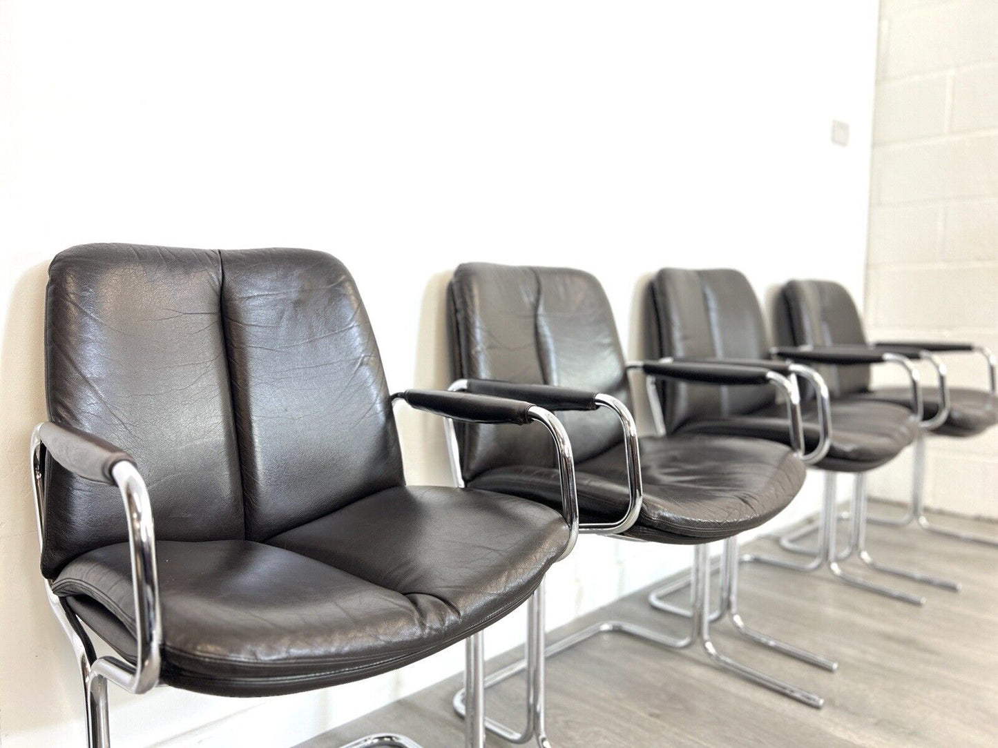 Pieff Eleganza, Set of 4 Chrome and Brown Leather Dining Chairs