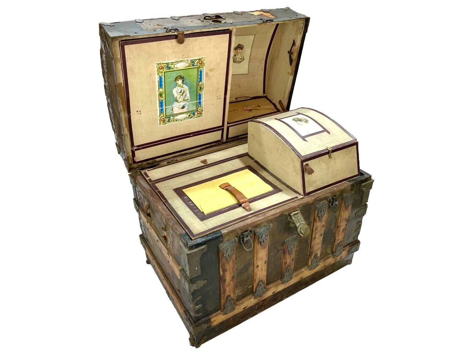 A 19th Century, Dome Topped, Iron Bound Steamer Trunk / Chest With Original Interior