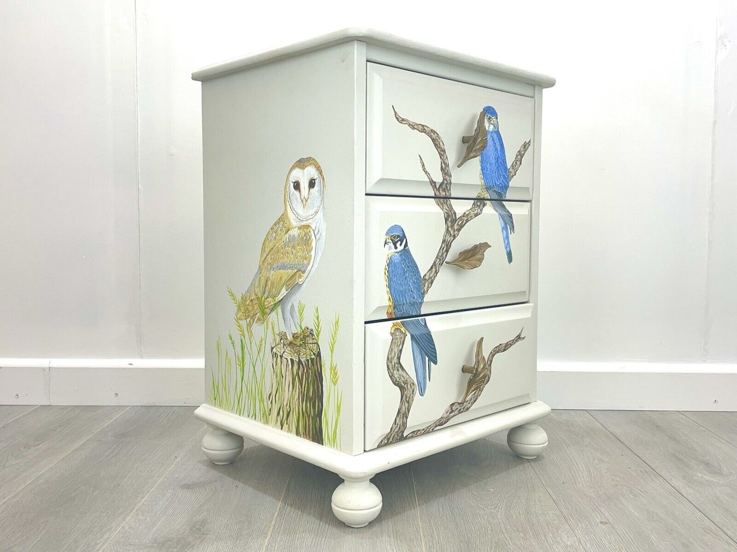 A Hand Painter Bedside Chest of Drawers With Birds of Prey, By Aileen Carash