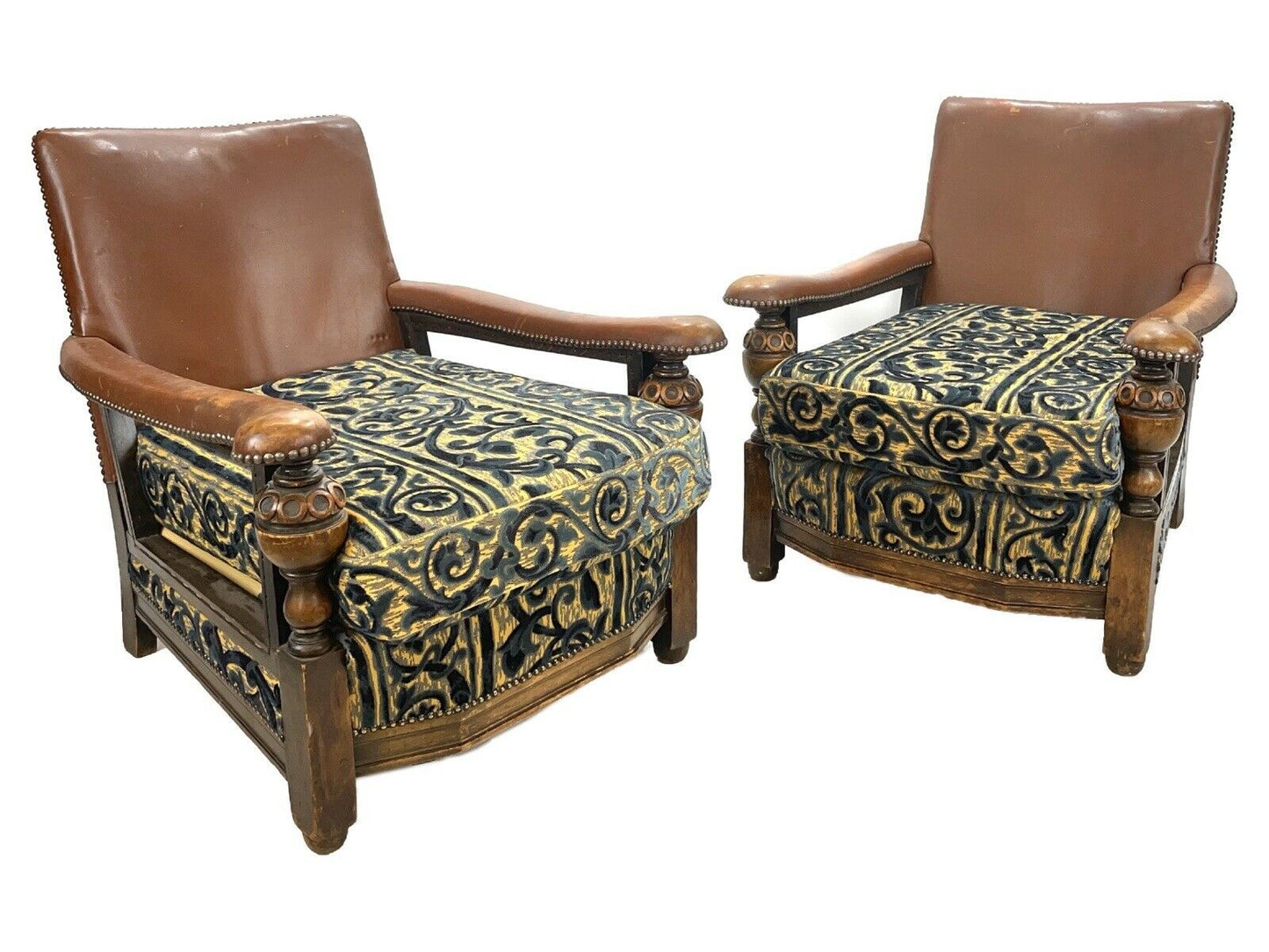 Pair Of Oak And Leather Club / Bergère Chairs