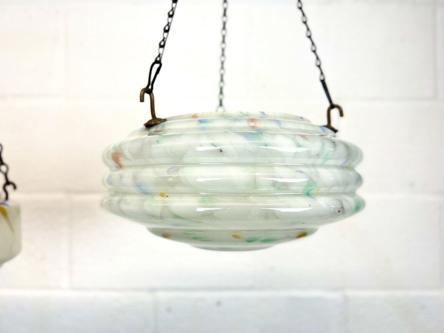 Art Deco, Multi-Coloured Ribbed Glass Ceiling Light Shade / Bowl & Chain