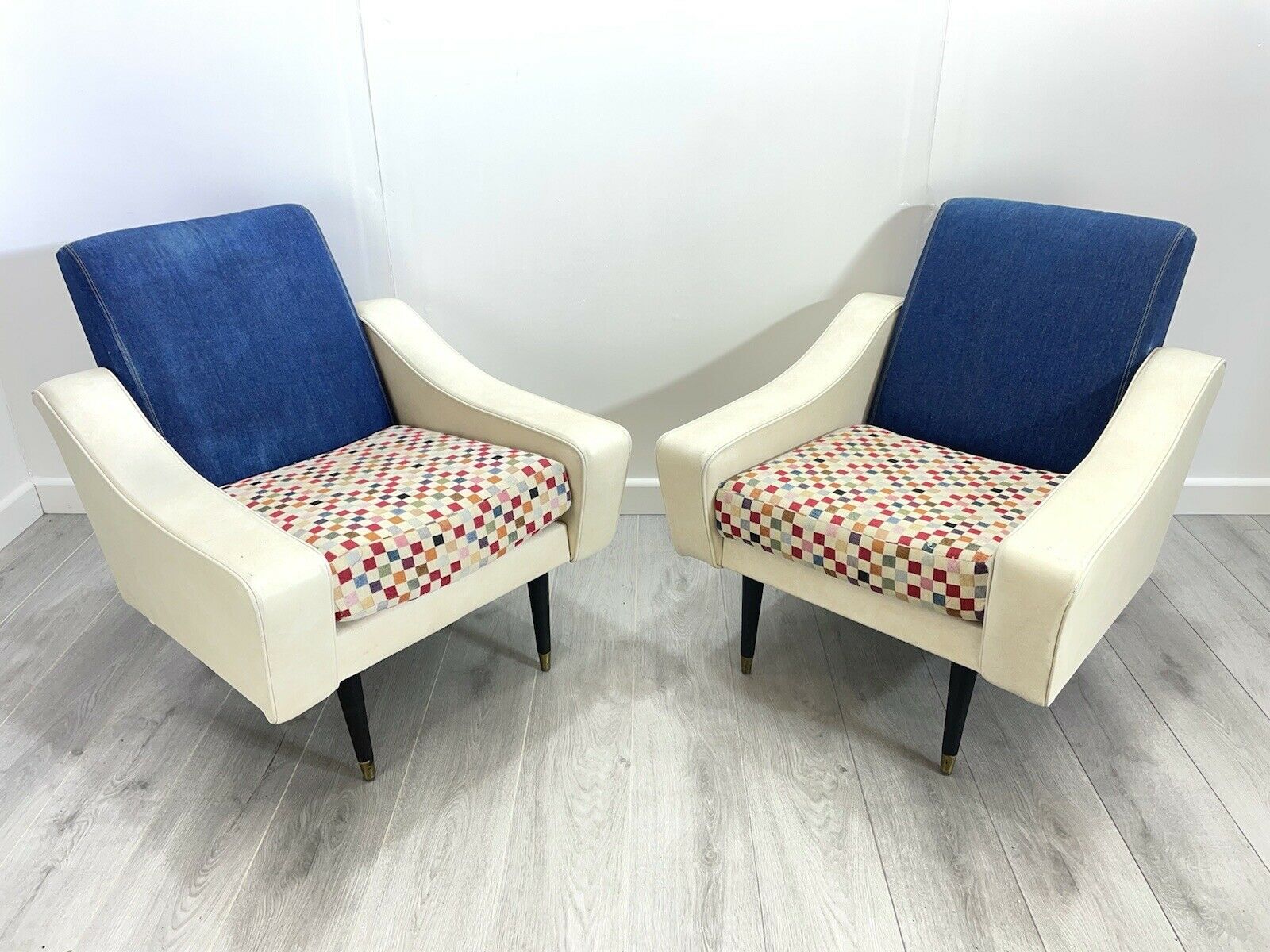 Pair of Retro, White Leather and Denim Lounge Chairs