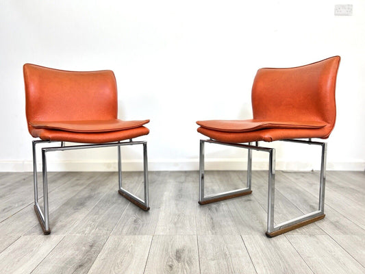 Pieff Epee, Pair of Chrome and Orange Leather Dining Chairs