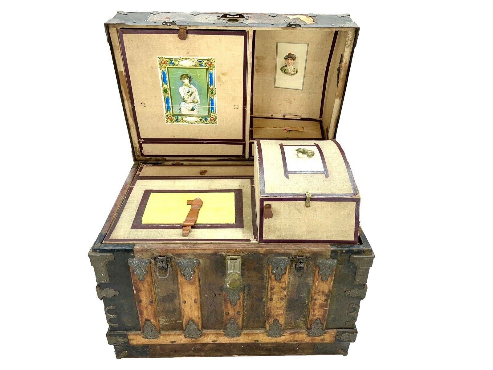 A 19th Century, Dome Topped, Iron Bound Steamer Trunk / Chest With Original Interior