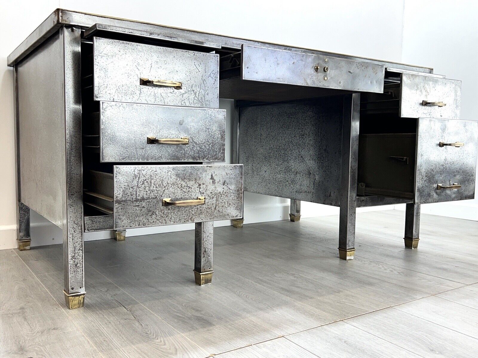 Steel, Brass and Leather Topped Double Pedestal Industrial Desk