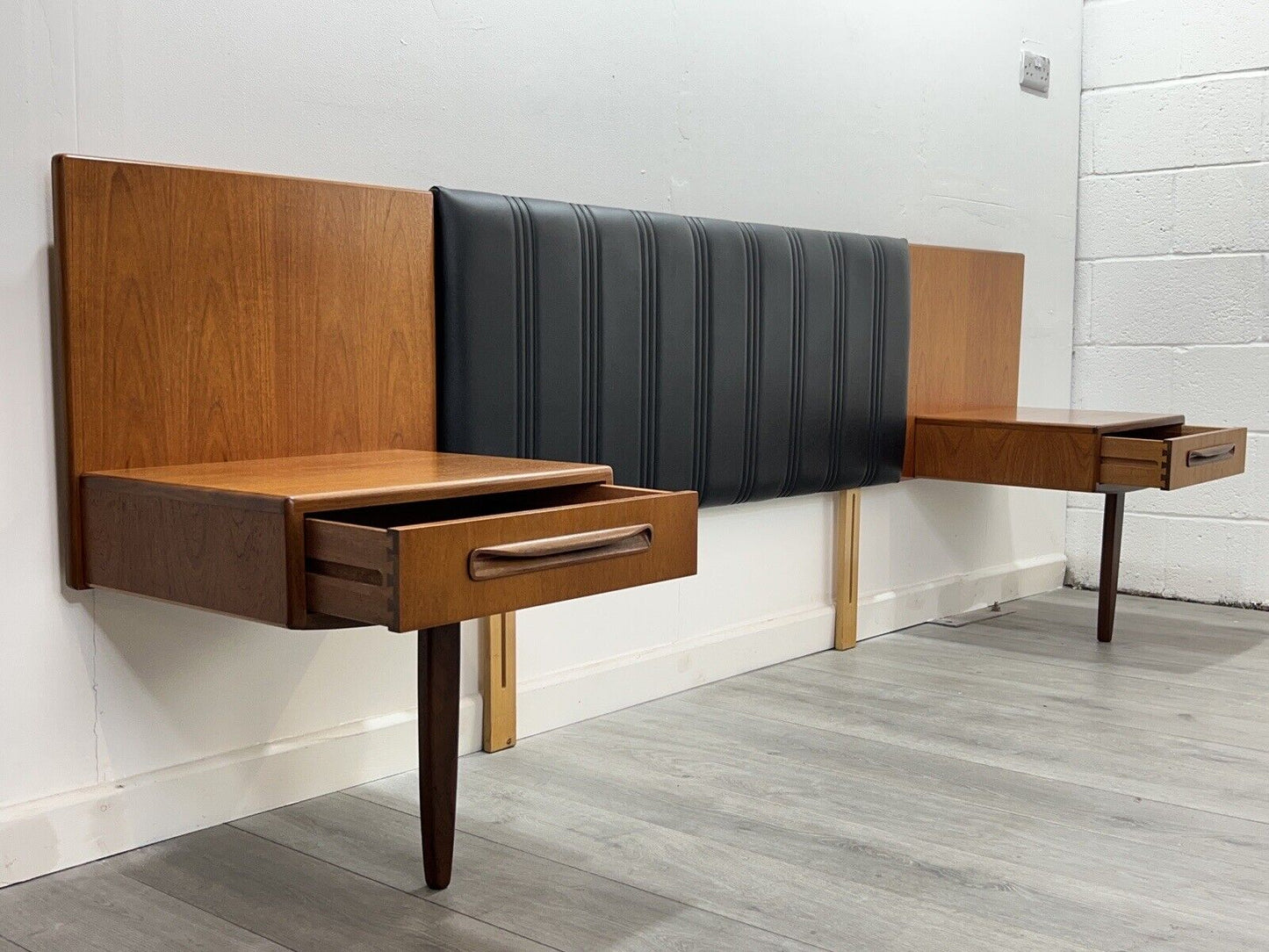 G Plan Fresco, Mid Century Teak and Leather Headboard with Drawers