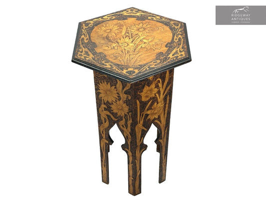 Art Nouveau, Pokerwork Hexagonal Side / Occasional Table