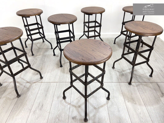 Industrial, Factory / Workshop Iron and Mahogany Stool
