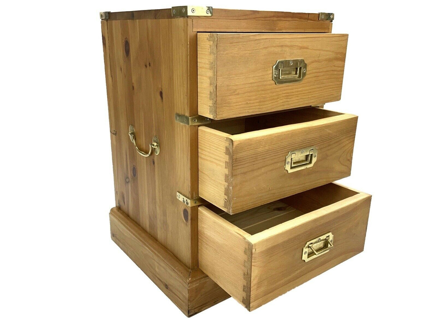 Campaign / Military Style, Brass Bound Pine Bedside Table / Drawers