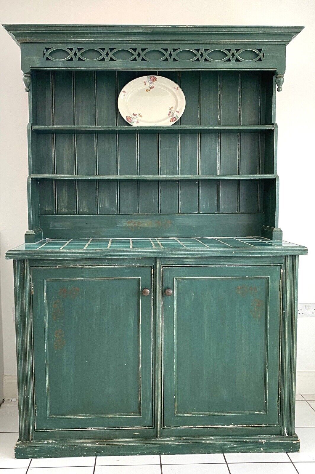 Vintage, Rustic Handmade Green Painted Dresser With Tiled Top