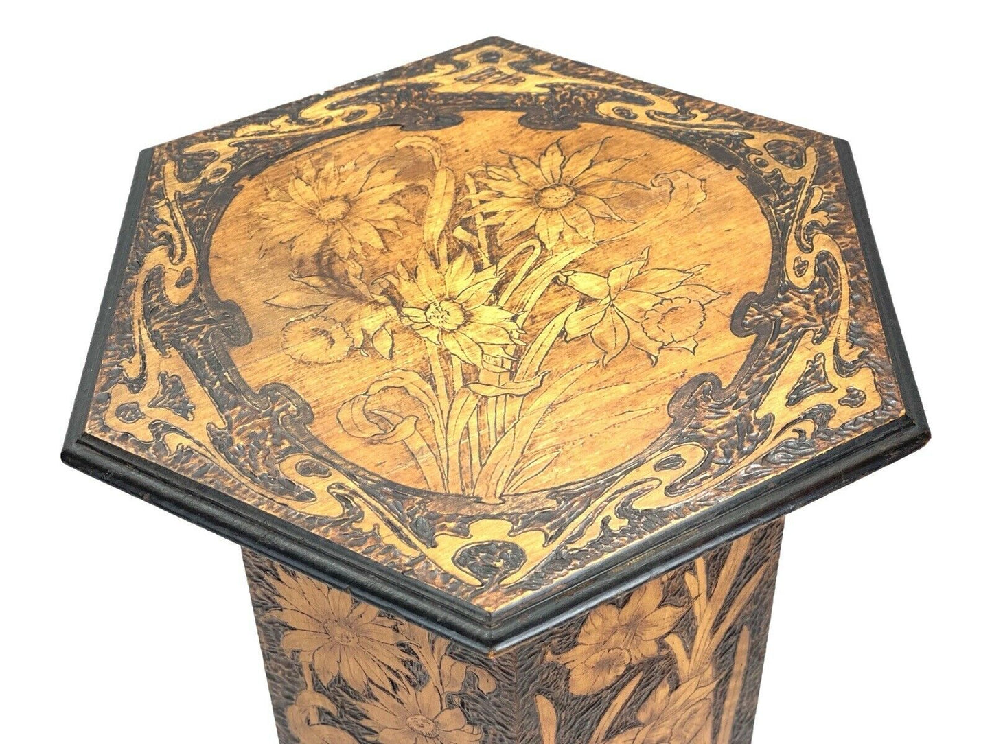 Art Nouveau, Pokerwork Hexagonal Side / Occasional Table