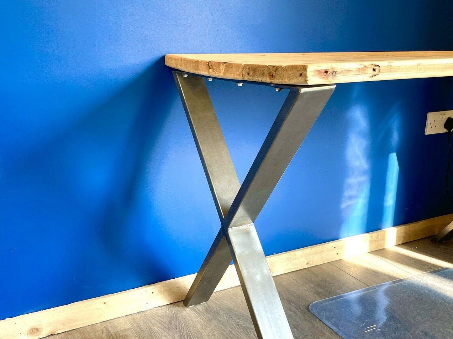 Rustic / Industrial, Handmade Plank Top Desk Upon Stainless Steel X Frame Legs