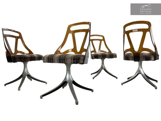 Set of 4, Chromcraft, Mid Century Modern Chrome and Lucite Swivel Dining Chairs