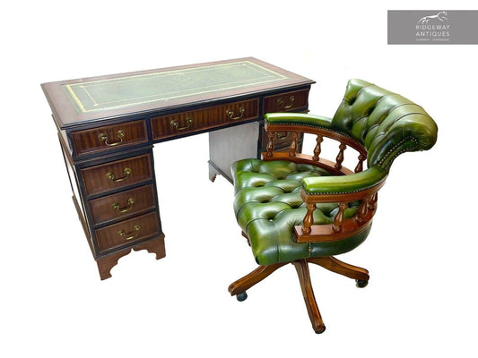Green Leather Captains Chair With Matching Mahogany Double Pedestal Desk