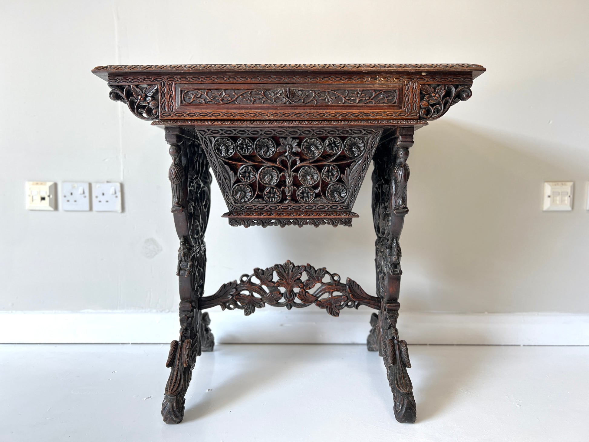 19th Century Anglo-Indian Carved Rosewood Writing Desk