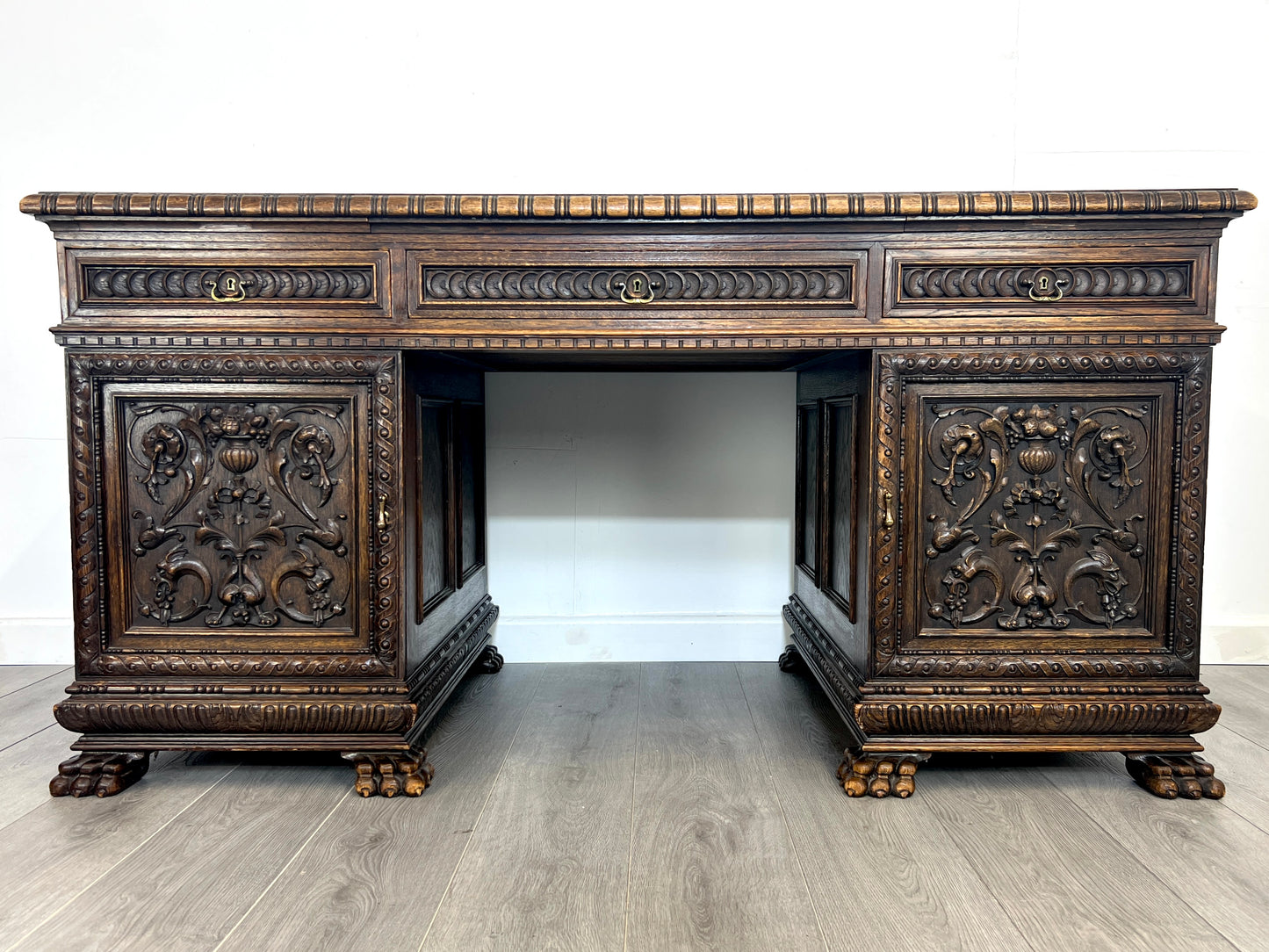 19th Century, Carved Oak Double Pedestal Desk