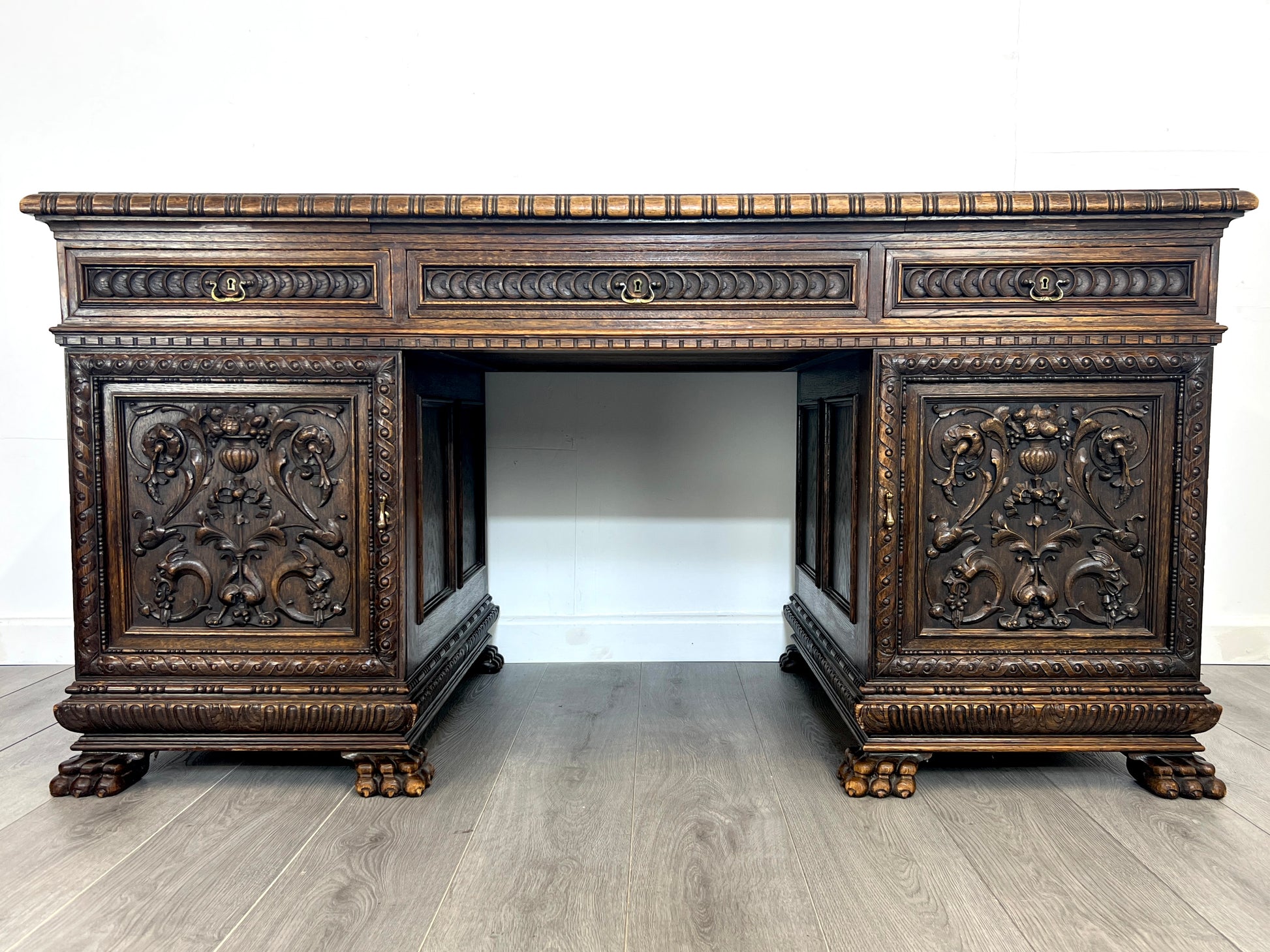 19th Century, Carved Oak Double Pedestal Desk