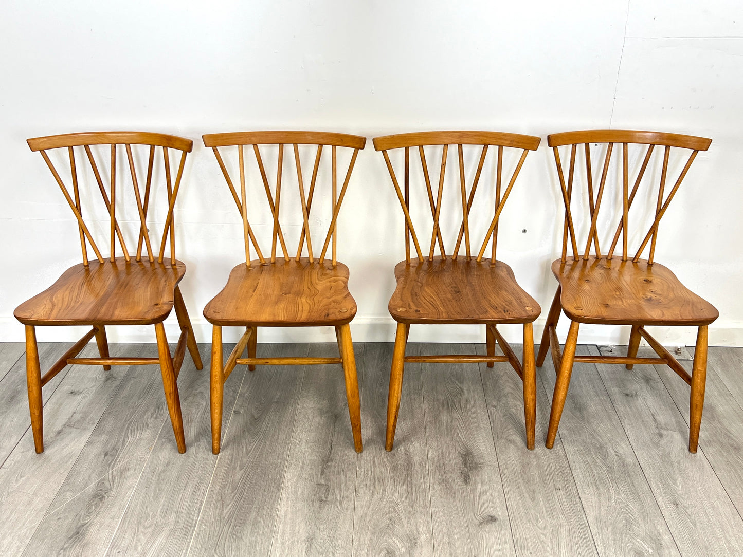 Set of 4, Ercol Style Candlestick Elm Dining Chairs