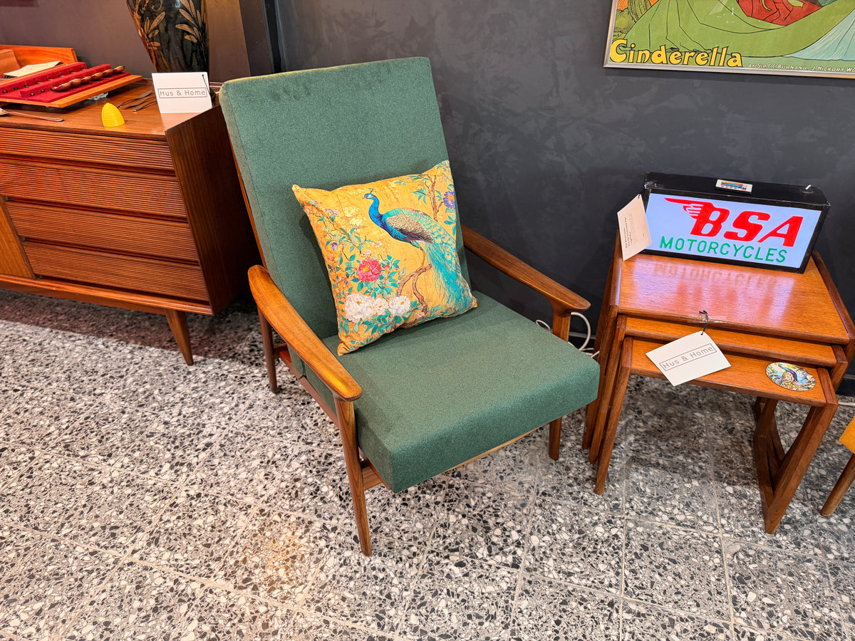 Guy Rogers Style Teak High Back Armchair, Olive Green Upholstery