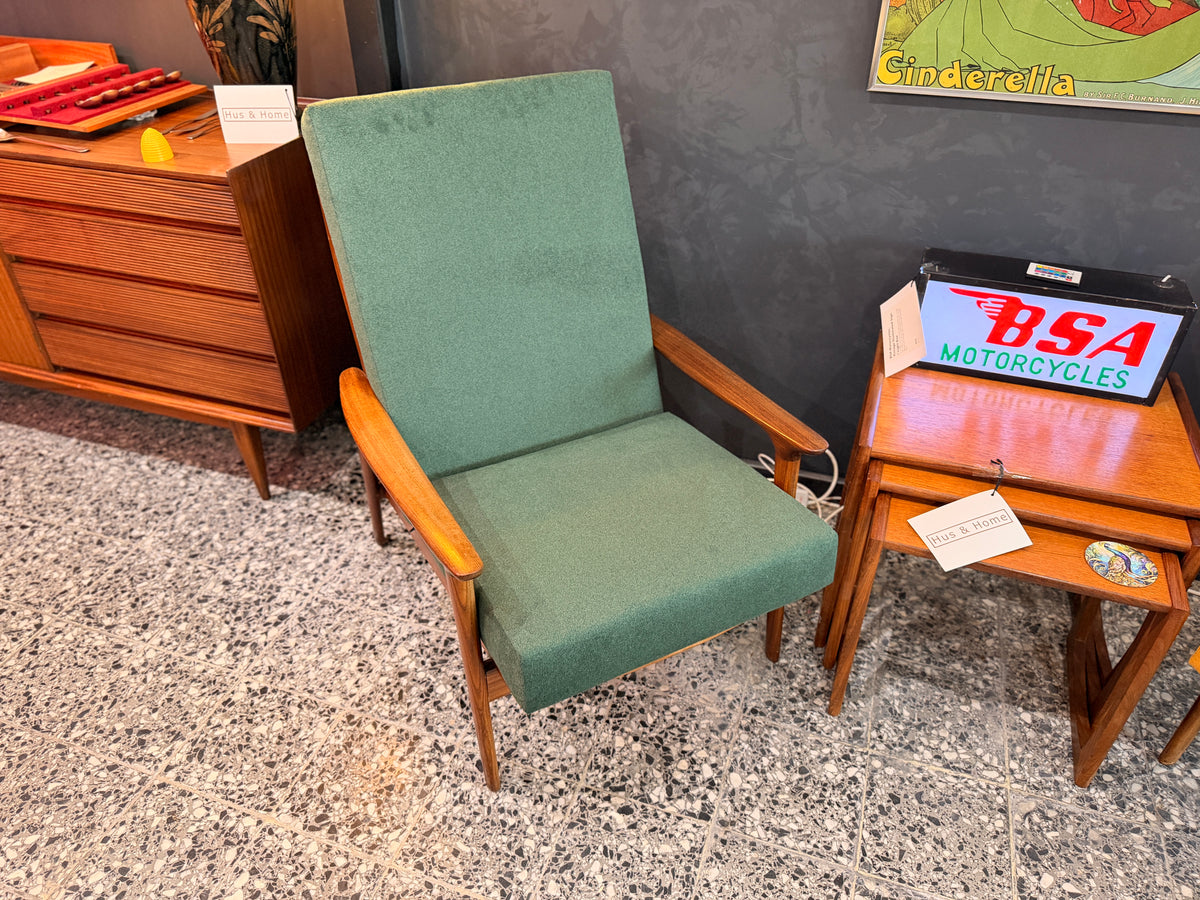 Guy Rogers Style Teak High Back Armchair, Olive Green Upholstery