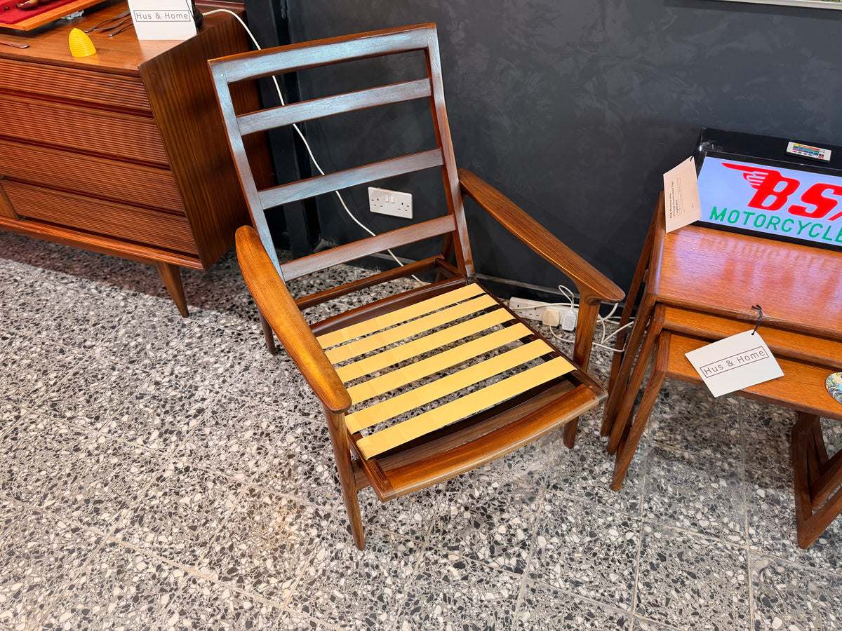 Guy Rogers Style Teak High Back Armchair, Olive Green Upholstery