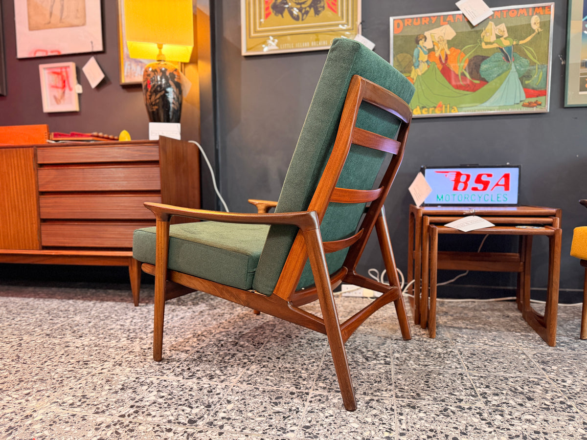 Guy Rogers Style Teak High Back Armchair, Olive Green Upholstery