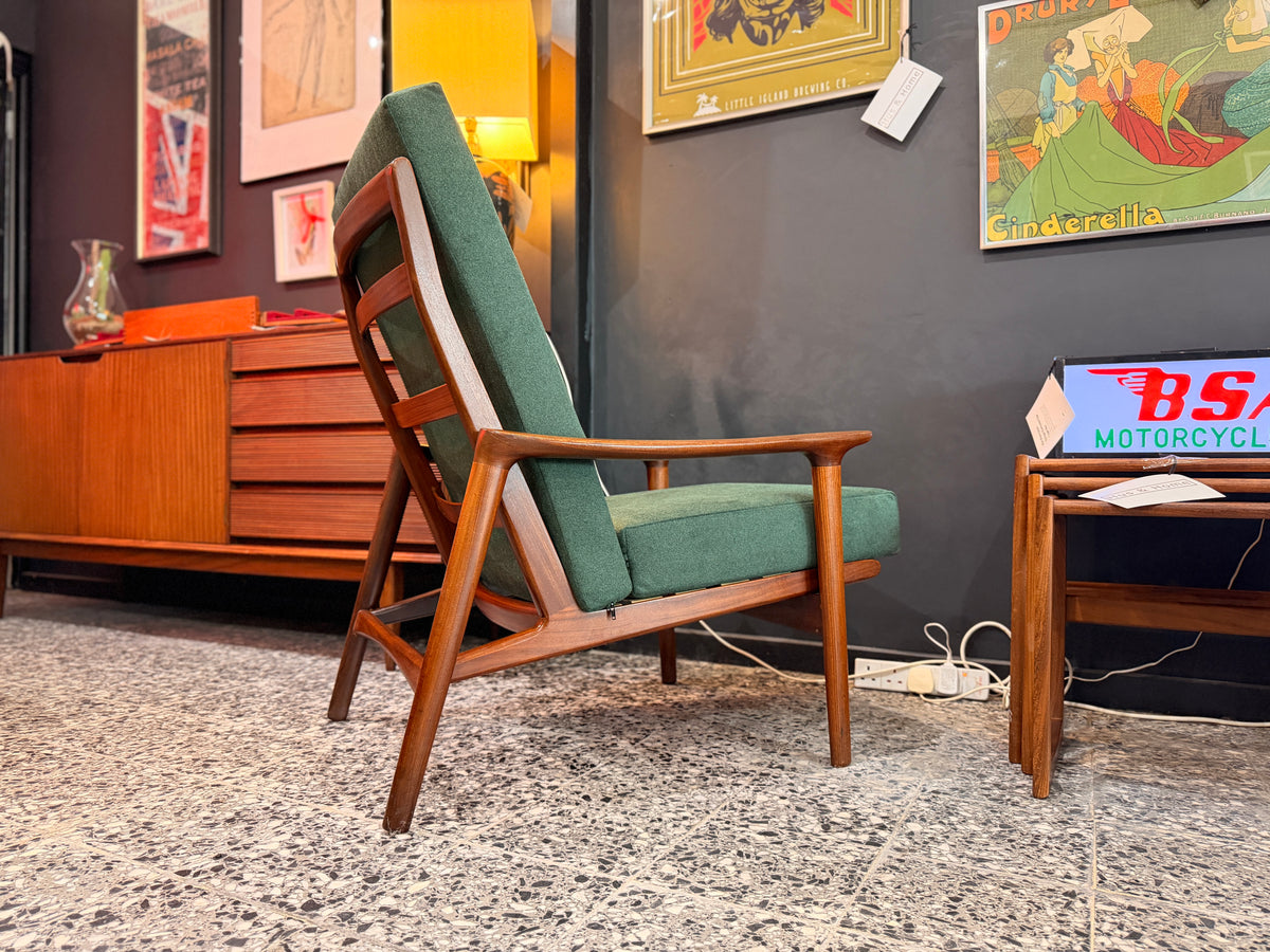 Guy Rogers Style Teak High Back Armchair, Olive Green Upholstery