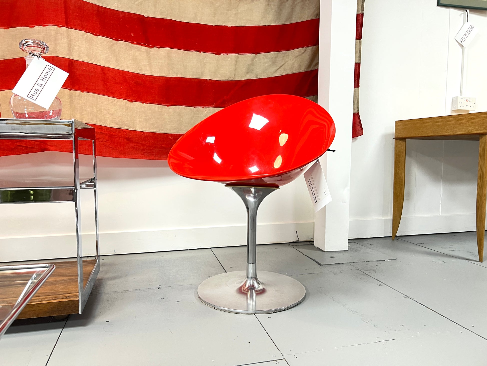 Kartell Eros, Pair of Red & Chrome Swivel Chairs 