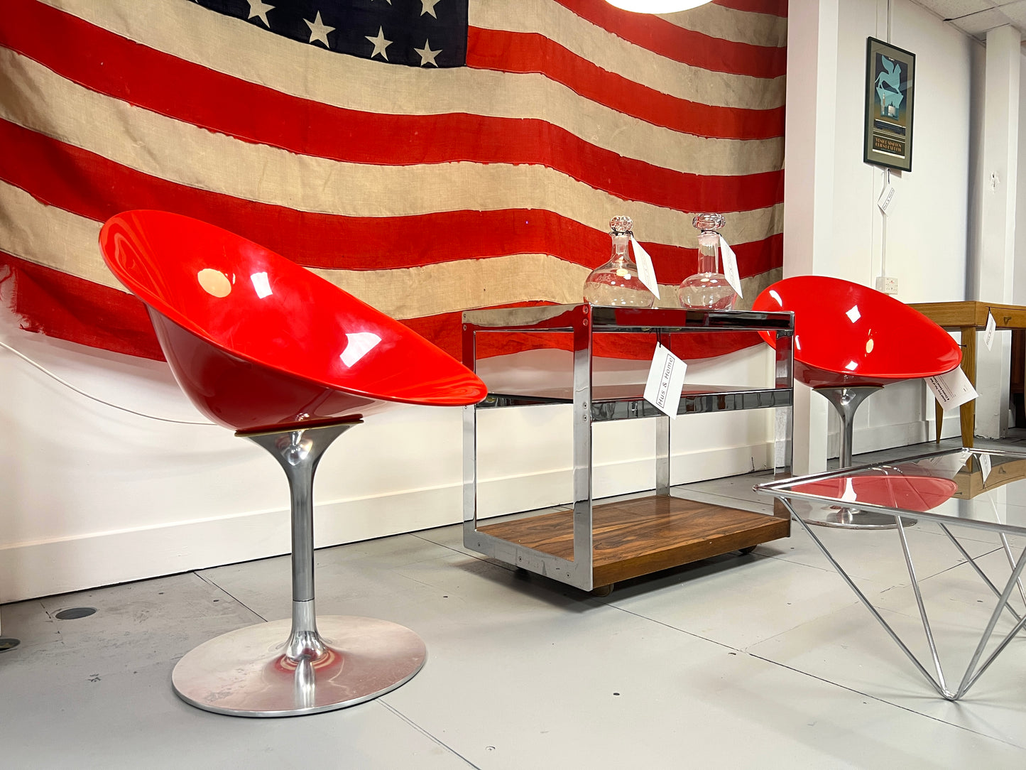 Kartell Eros, Pair of Red & Chrome Swivel Chairs 