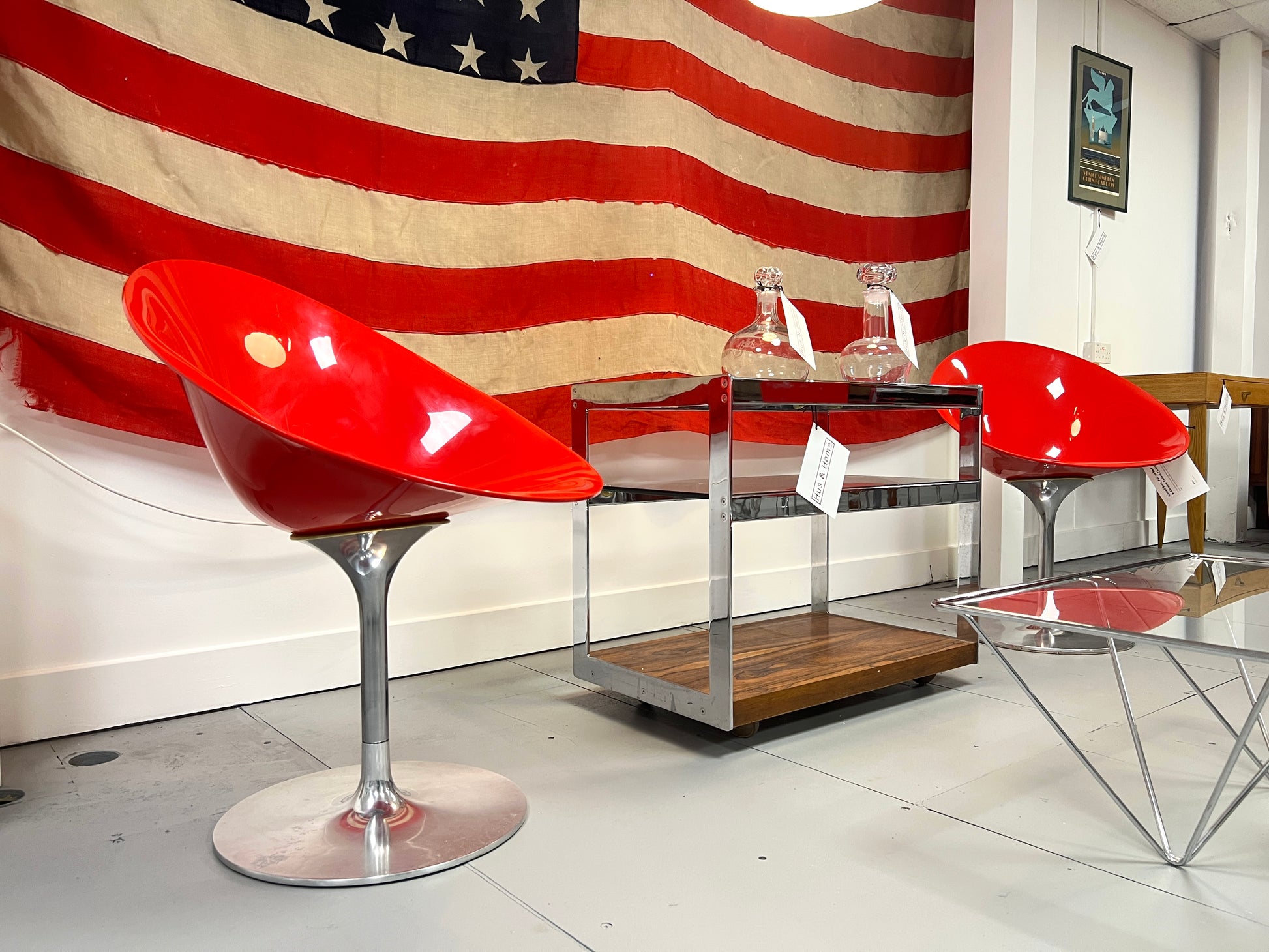 Kartell Eros, Pair of Red & Chrome Swivel Chairs 