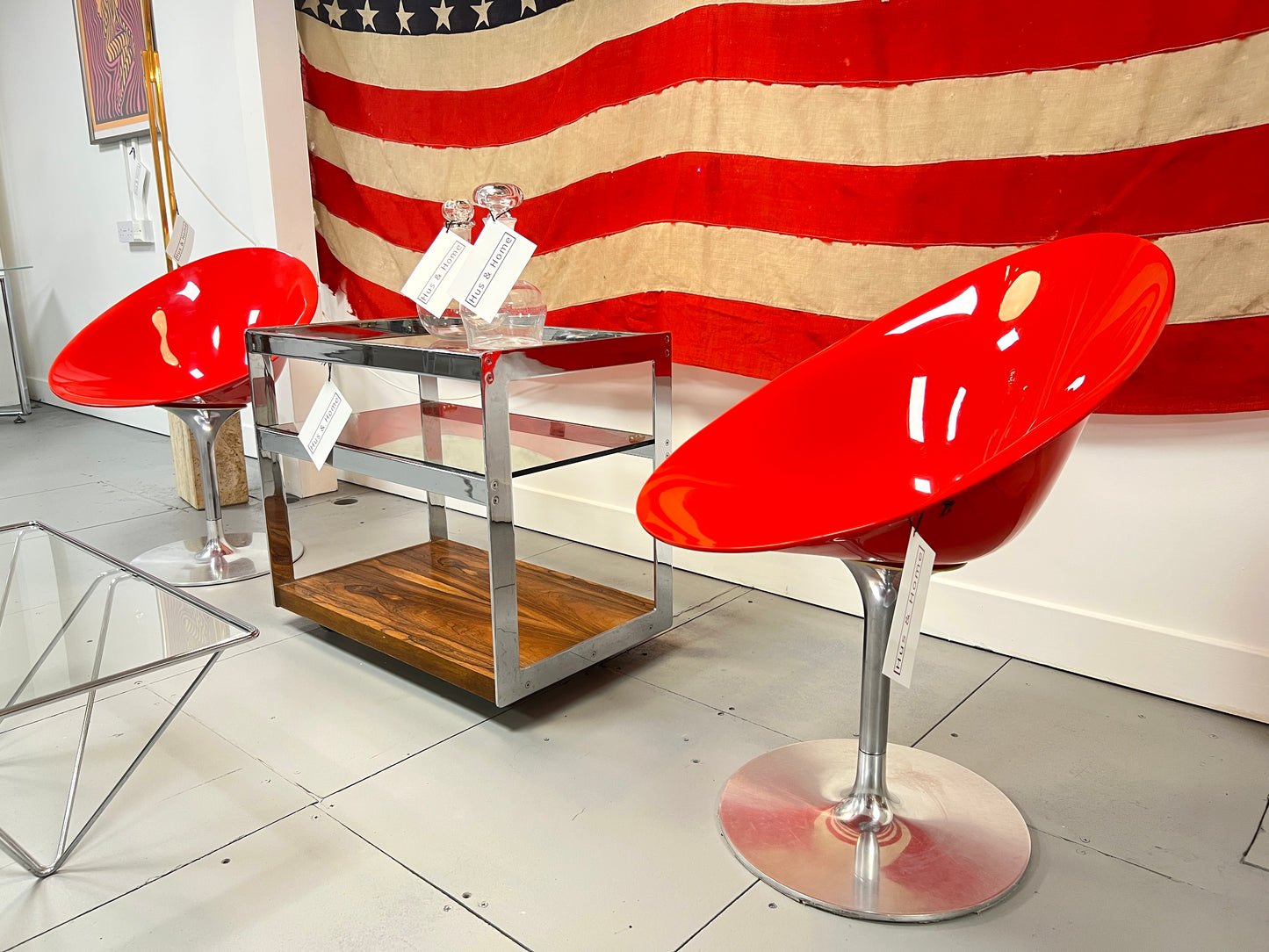 Kartell Eros, Pair of Red & Chrome Swivel Chairs 