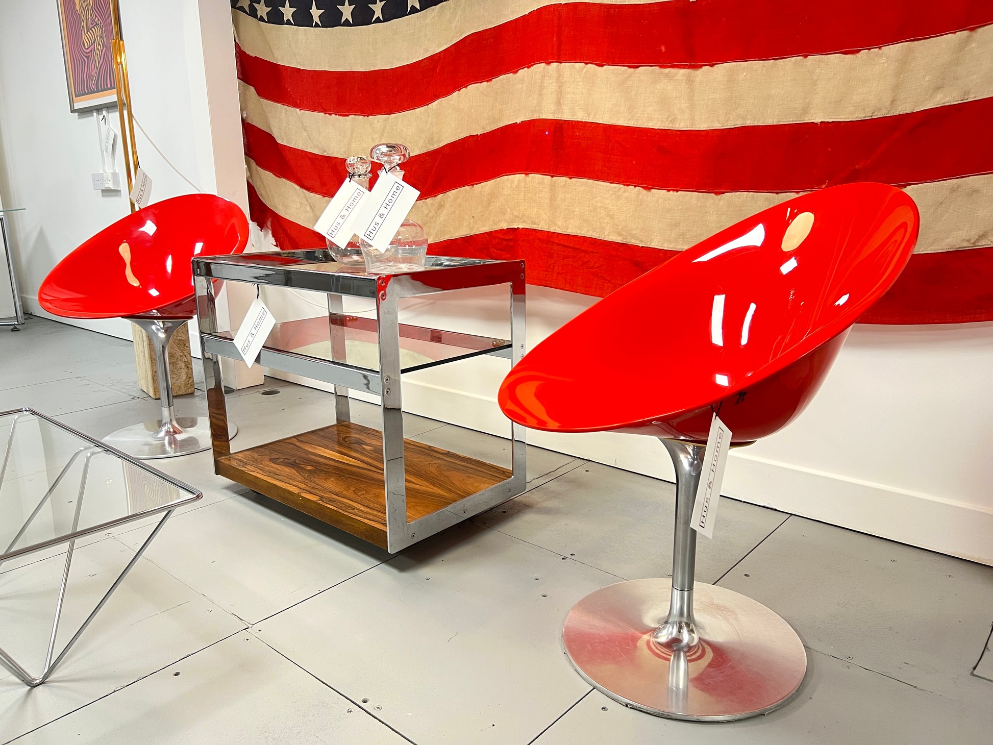 Kartell Eros, Pair of Red & Chrome Swivel Chairs 