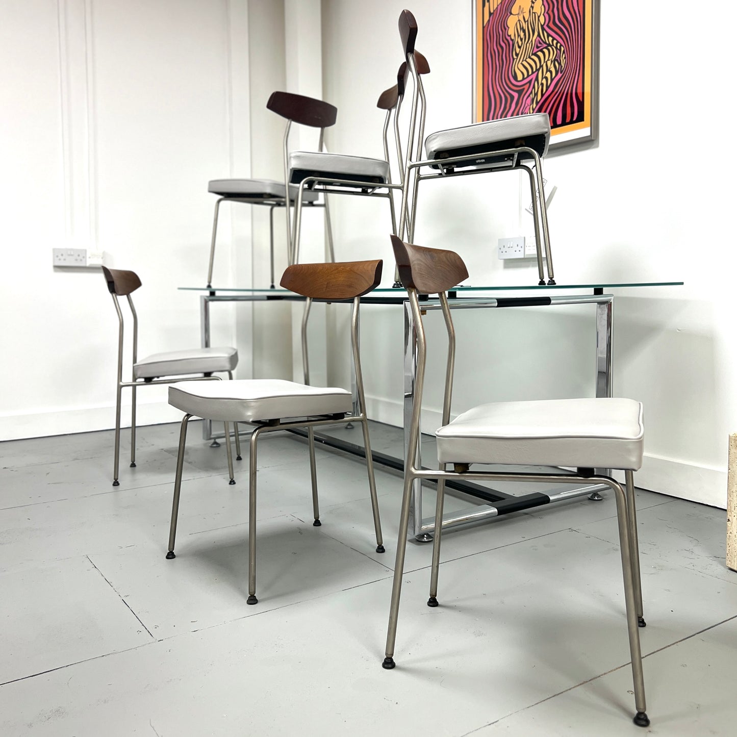 Set of 6 Stag S Range Dining Chairs – Chrome, Teak & Leatherette