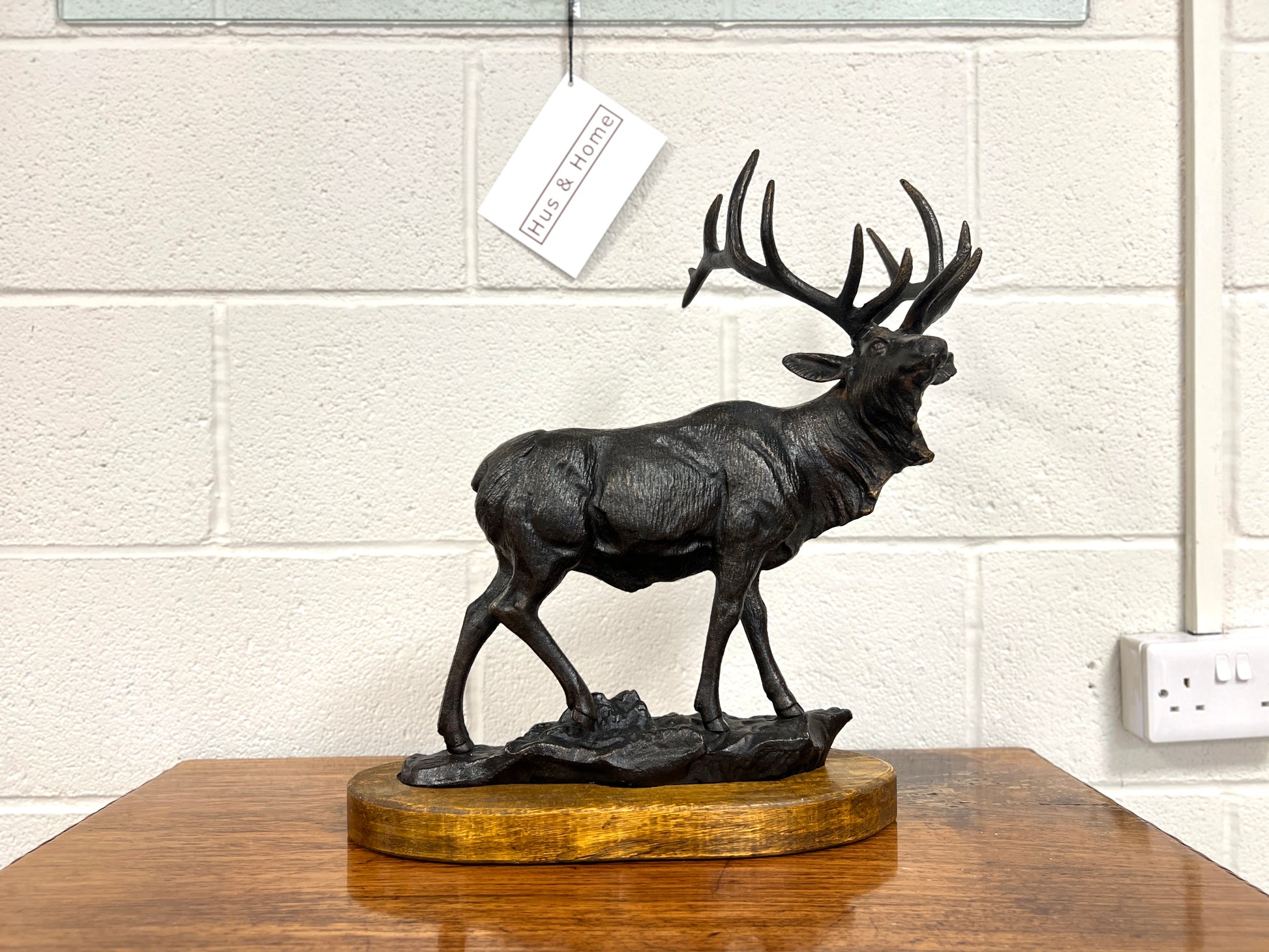 Large Cast Iron Stag on Oak Base