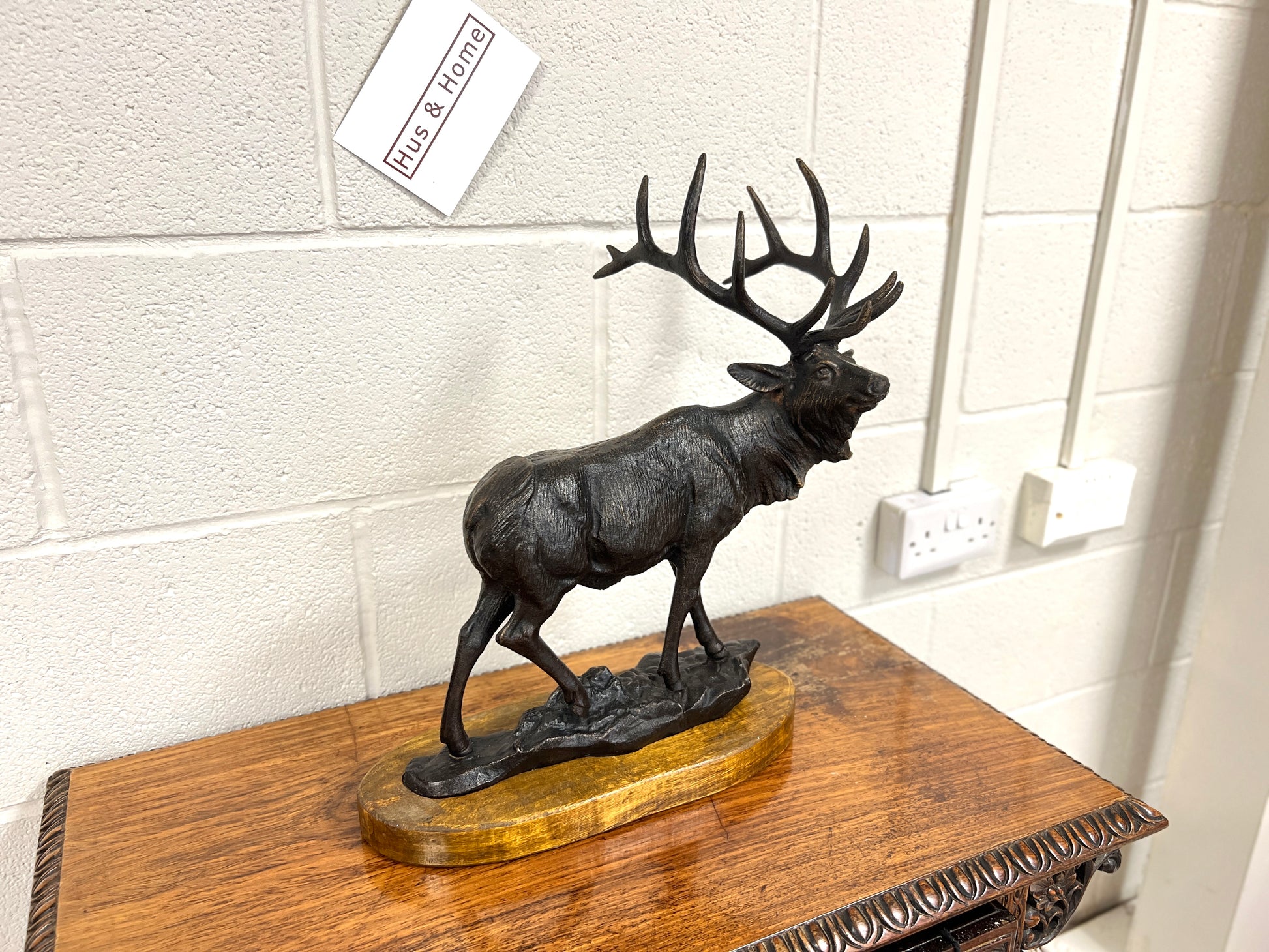 Large Cast Iron Stag on Oak Base