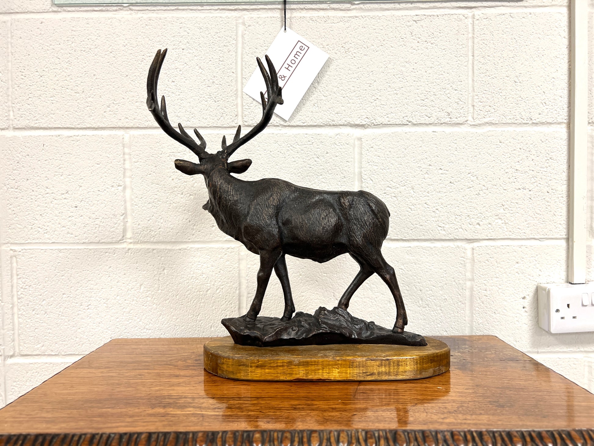 Large Cast Iron Stag on Oak Base