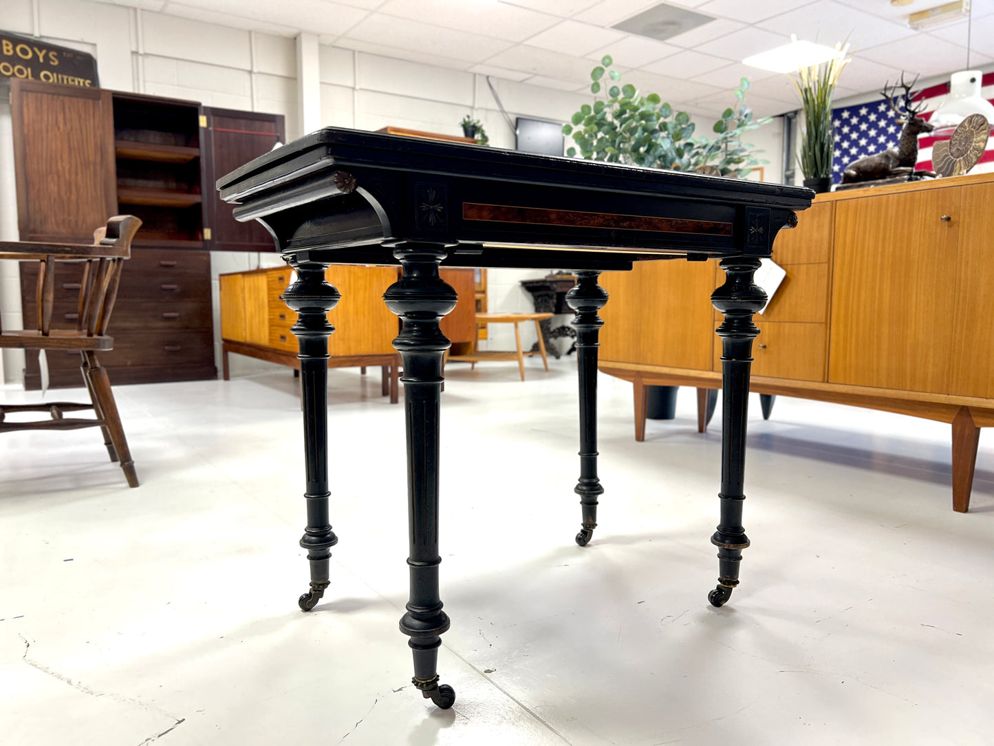 Victorian Ebonised Aesthetic Movement Folding Card / Console Table with Thuya Inlay