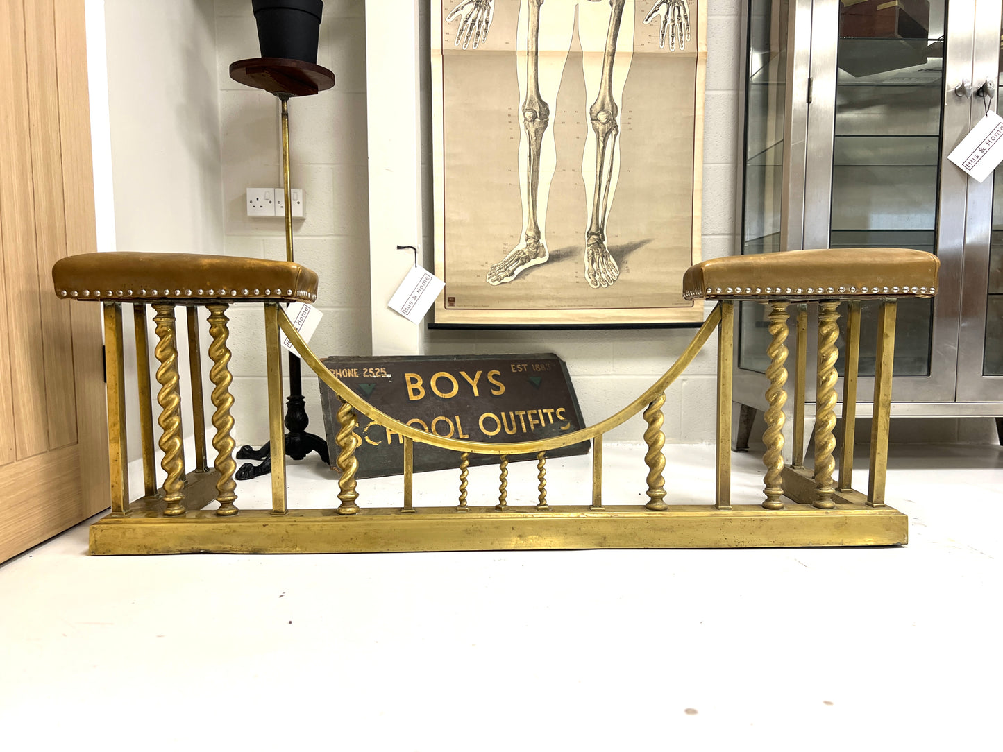 Brass Club Fender with Camel Leather Upholstered Seat