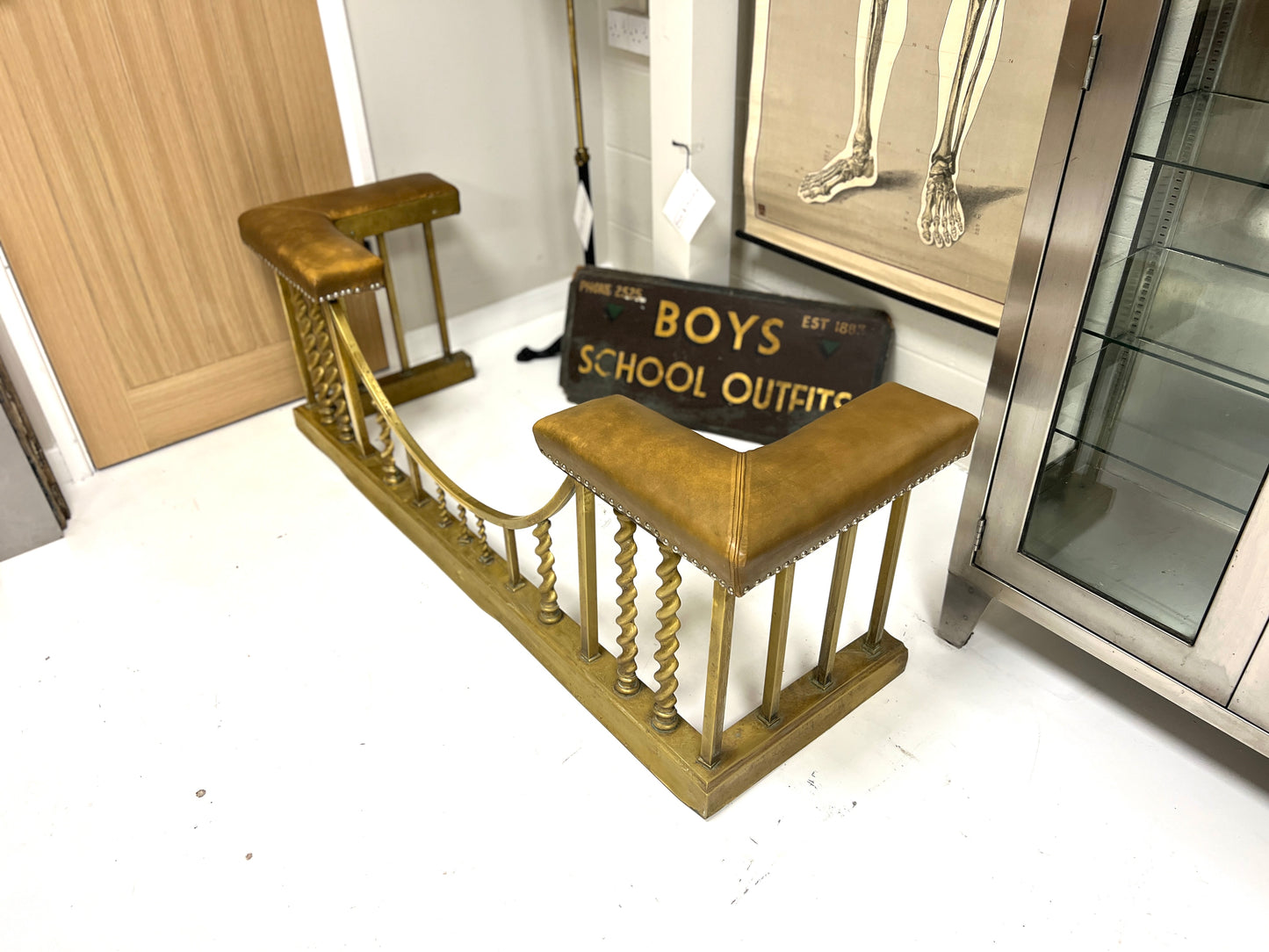 Brass Club Fender with Camel Leather Upholstered Seat
