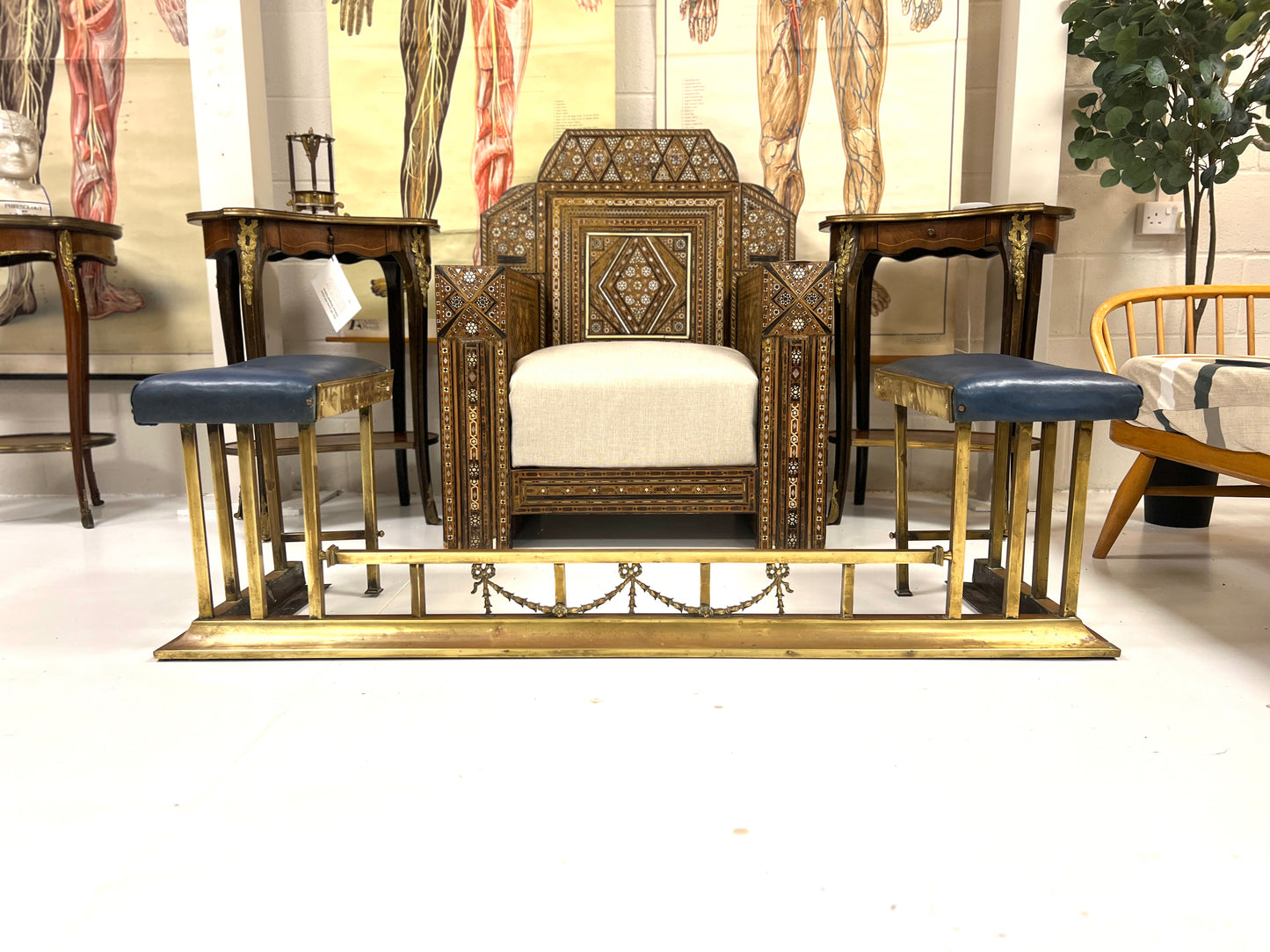 Brass Club Fender with Blue Leather Upholstered Seat
